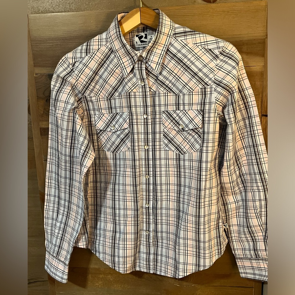 Rockies Pearl-Snap Women’s Long-Sleeve Plaid Shirt -white with blue & pink plaid